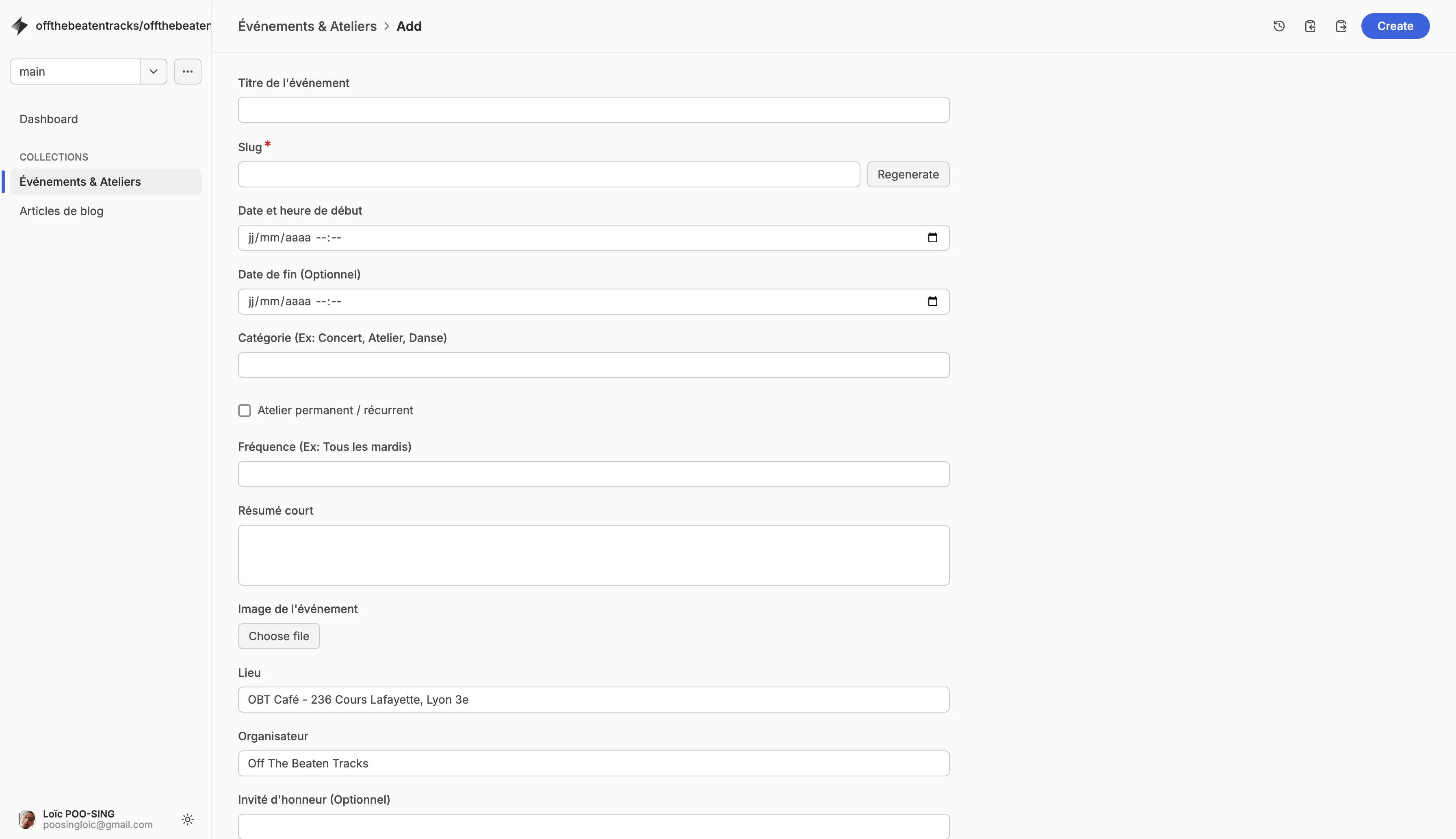 Interface d'administration Keystatic/CMS pour la gestion du site OBT Café
